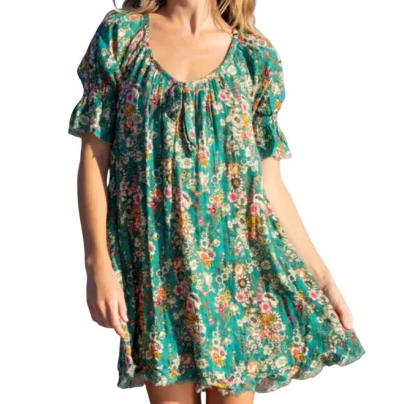 NATURAL LIFE Dresses & Skirts - Natural Life Sienna Mini Dress Green Floral Cotton Gauze Raw Hem | Size Medium
